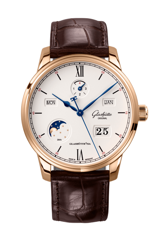 Glashuette Original Senator Excellence Perpetual Calendar 42 mm Silver Dial Red Gold Louisiana Alligator Nubuk Leather Strap, Brown 1-36-02-02-05-61