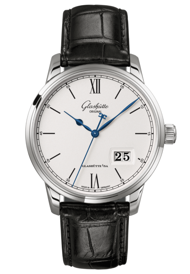 Glashuette Original Senator Excellence Panorama Date 40 mm White Dial Stainless Steel Louisiana Alligator Leather Strap, Black 1-36-03-01-02-61