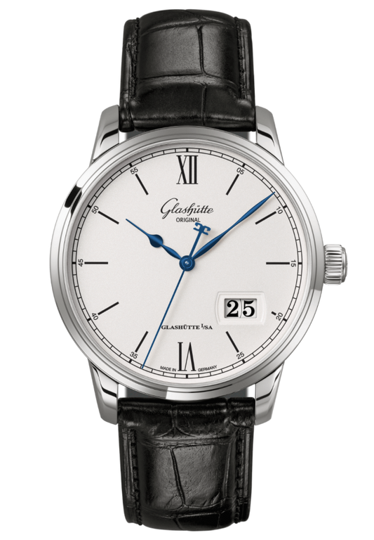 Glashuette Original Senator Excellence Panorama Date 40 mm White Dial Stainless Steel Louisiana Alligator Leather Strap, Black 1-36-03-01-02-61