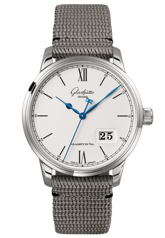 Glashuette Original Senator Excellence Panorama Date 40 mm White Dial Stainless Steel Synthetic Strap, Grey 1-36-03-01-02-66