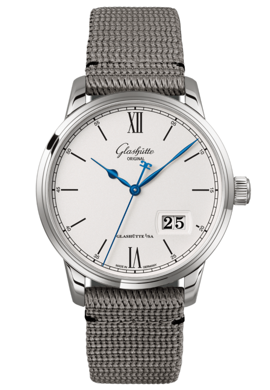 Glashuette Original Senator Excellence Panorama Date 40 mm White Dial Stainless Steel Synthetic Strap, Grey 1-36-03-01-02-66