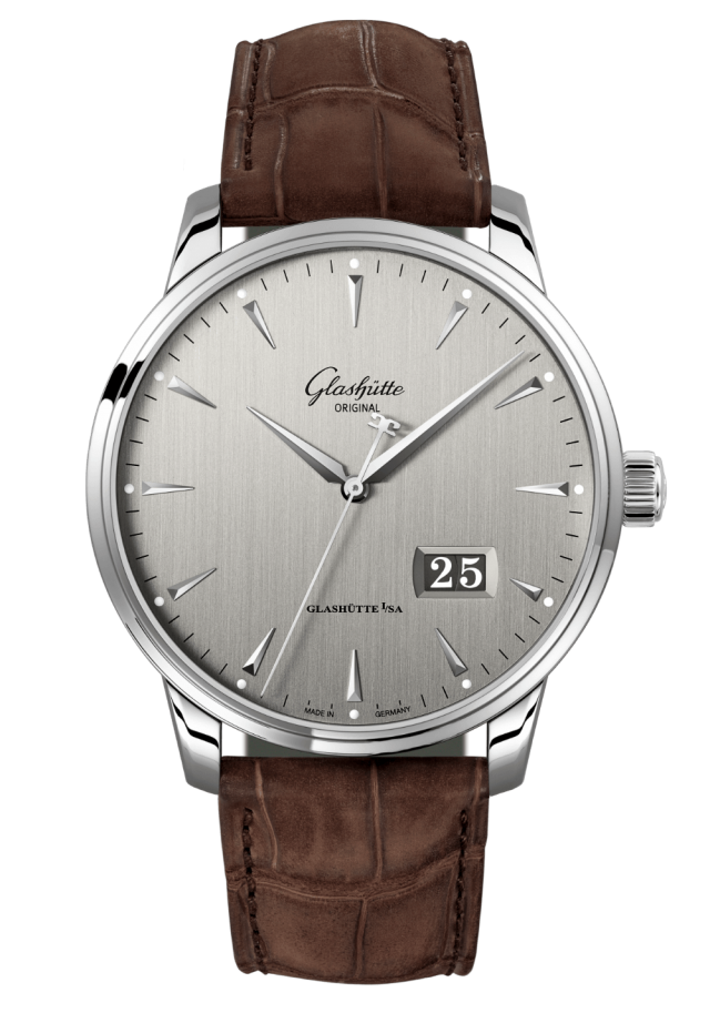 Glashuette Original Senator Excellence Panorama Date 42 mm Silver Dial Stainless Steel Louisiana Alligator Nubuk Leather Strap, Brown 1-36-03-03-02-31