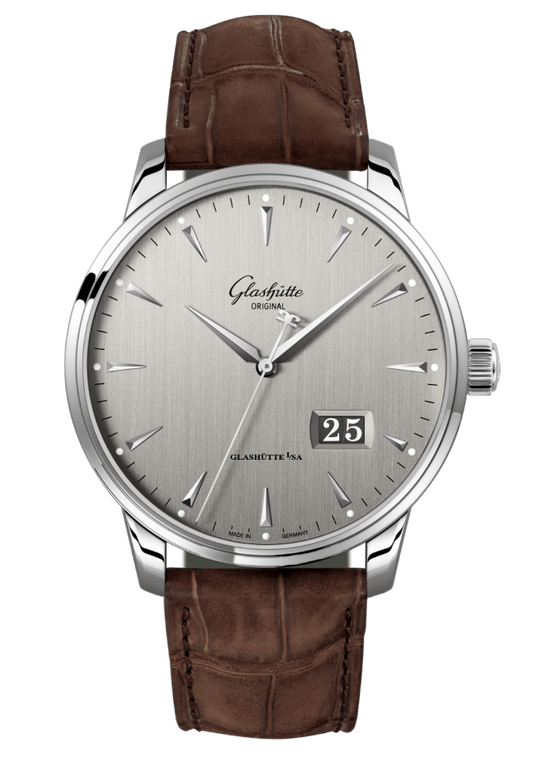 Glashuette Original Senator Excellence Panorama Date 42 mm Silver Dial Stainless Steel Louisiana Alligator Nubuk Leather Strap, Brown 1-36-03-03-02-31