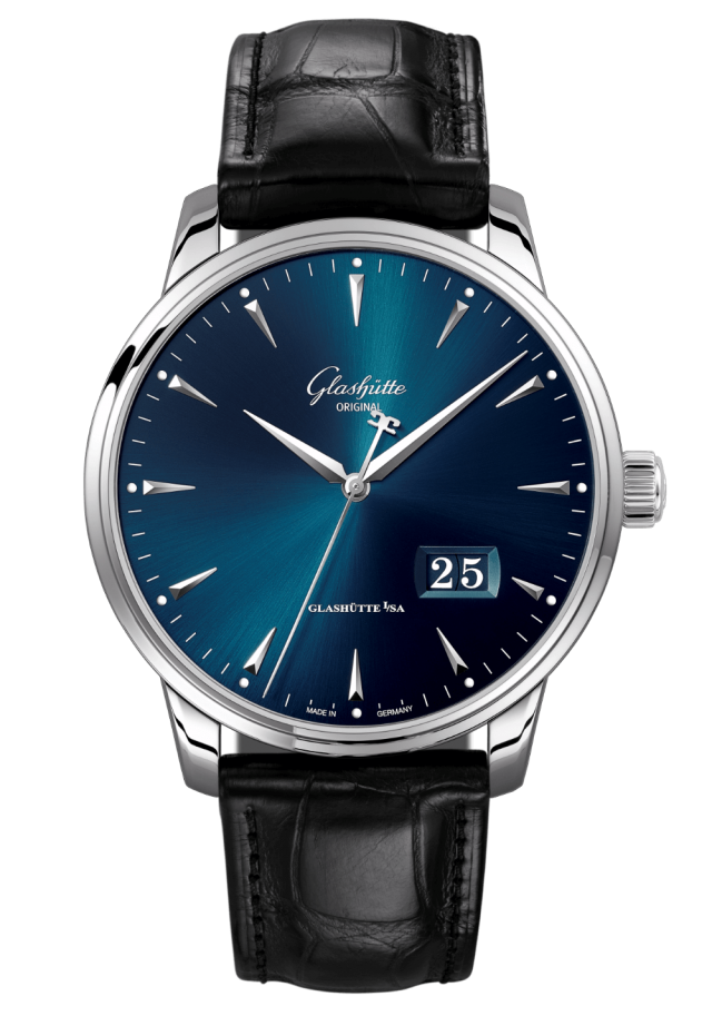 Glashuette Original Senator Excellence Panorama Date 42 mm Blue Dial Stainless Steel Louisiana Alligator Leather Strap, Black 1-36-03-04-02-30