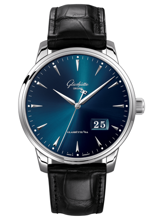 Glashuette Original Senator Excellence Panorama Date 42 mm Blue Dial Stainless Steel Louisiana Alligator Leather Strap, Black 1-36-03-04-02-30