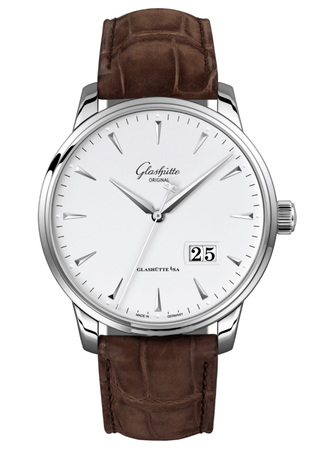 Glashuette Original Senator Excellence Panorama Date 42 mm White Dial Stainless Steel Louisiana Alligator Nubuk Leather Strap, Brown 1-36-03-05-02-31