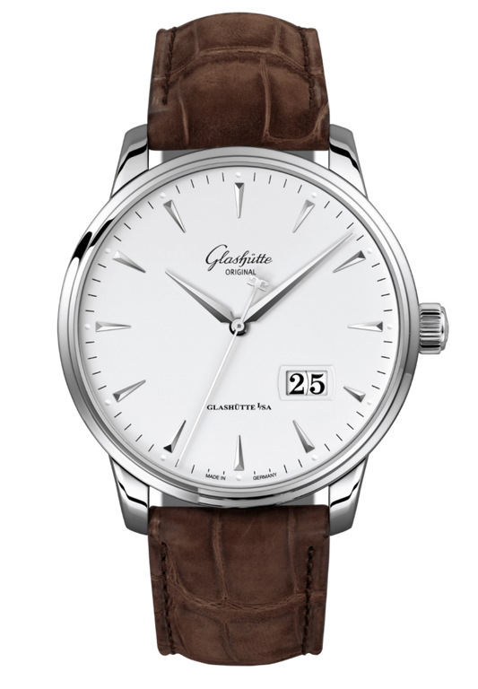 Glashuette Original Senator Excellence Panorama Date 42 mm White Dial Stainless Steel Louisiana Alligator Nubuk Leather Strap, Brown 1-36-03-05-02-31