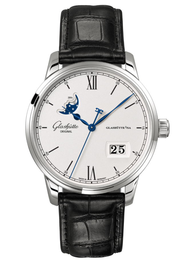 Glashuette Original Senator Excellence Panorama Date Moon Phase 40 mm Silver Dial Stainless Steel Louisiana Alligator Leather Strap, Black 1-36-04-01-02-61