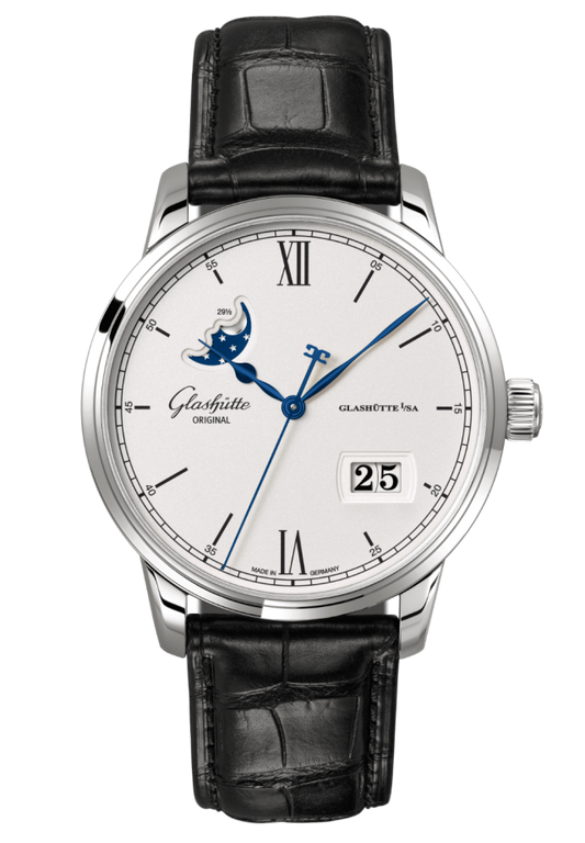 Glashuette Original Senator Excellence Panorama Date Moon Phase 40 mm Silver Dial Stainless Steel Louisiana Alligator Leather Strap, Black 1-36-04-01-02-61