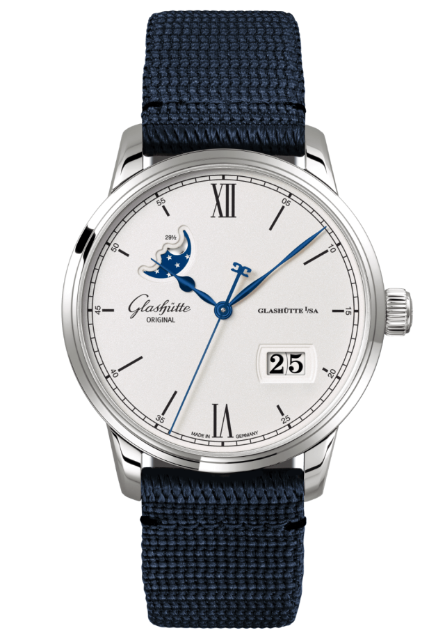 Glashuette Original Senator Excellence Panorama Date Moon Phase 40 mm Silver Dial Stainless Steel Synthetic Strap, Blue 1-36-04-01-02-64