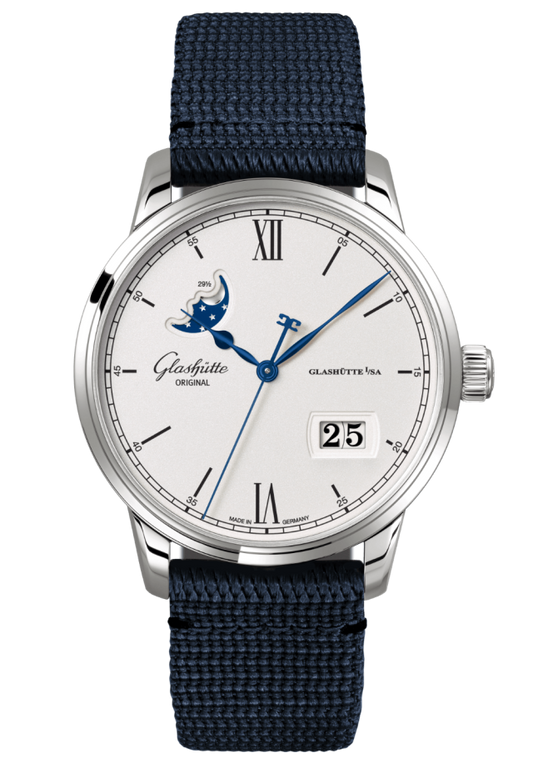 Glashuette Original Senator Excellence Panorama Date Moon Phase 40 mm Silver Dial Stainless Steel Synthetic Strap, Blue 1-36-04-01-02-64