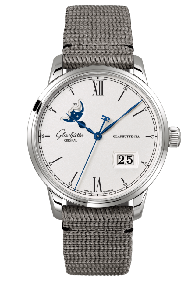 Glashuette Original Senator Excellence Panorama Date Moon Phase 40 mm Silver Dial Stainless Steel Synthetic Strap, Grey 1-36-04-01-02-66