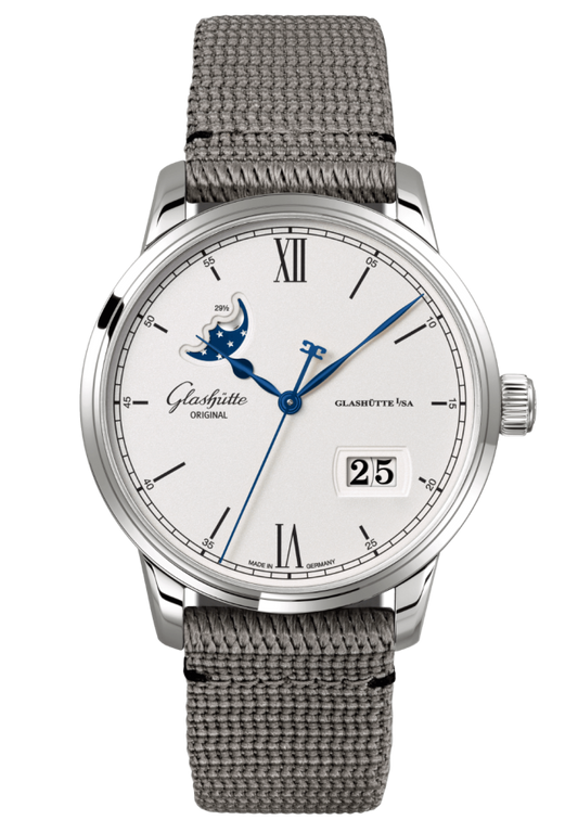 Glashuette Original Senator Excellence Panorama Date Moon Phase 40 mm Silver Dial Stainless Steel Synthetic Strap, Grey 1-36-04-01-02-66