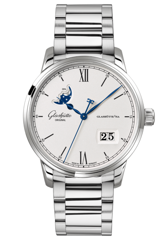 Glashuette Original Senator Excellence Panorama Date Moon Phase 40 mm Silver Dial Stainless Steel Metal Bracelet 1-36-04-01-02-71