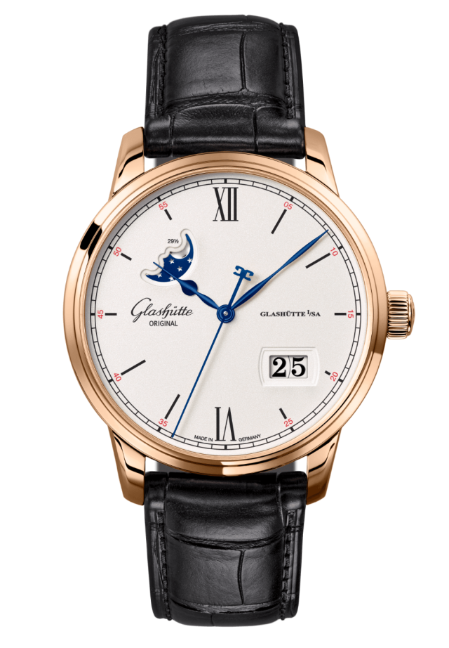 Glashuette Original Senator Excellence Panorama Date Moon Phase 40 mm Silver Dial Red Gold Louisiana Alligator Nubuk Leather Strap, Black 1-36-04-02-05-61