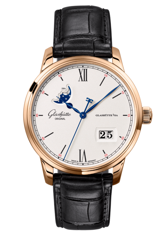 Glashuette Original Senator Excellence Panorama Date Moon Phase 40 mm Silver Dial Red Gold Louisiana Alligator Nubuk Leather Strap, Black 1-36-04-02-05-61