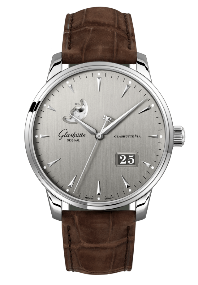 Glashuette Original Senator Excellence Panorama Date Moon Phase 42 mm Silver Dial Stainless Steel Louisiana Alligator Nubuk Leather Strap, Brown 1-36-04-03-02-31