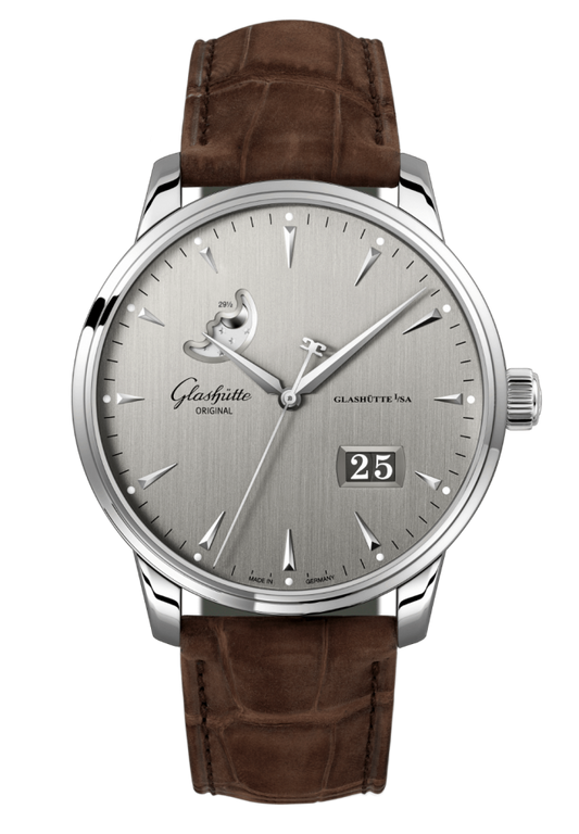 Glashuette Original Senator Excellence Panorama Date Moon Phase 42 mm Silver Dial Stainless Steel Louisiana Alligator Nubuk Leather Strap, Brown 1-36-04-03-02-31