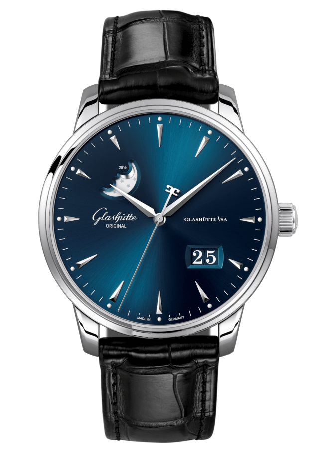 Glashuette Original Senator Excellence Panorama Date Moon Phase 42 mm Blue Dial Stainless Steel Louisiana Alligator Leather Strap, Black 1-36-04-04-02-30