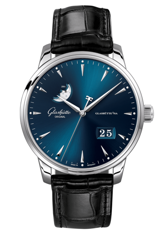 Glashuette Original Senator Excellence Panorama Date Moon Phase 42 mm Blue Dial Stainless Steel Louisiana Alligator Leather Strap, Black 1-36-04-04-02-30