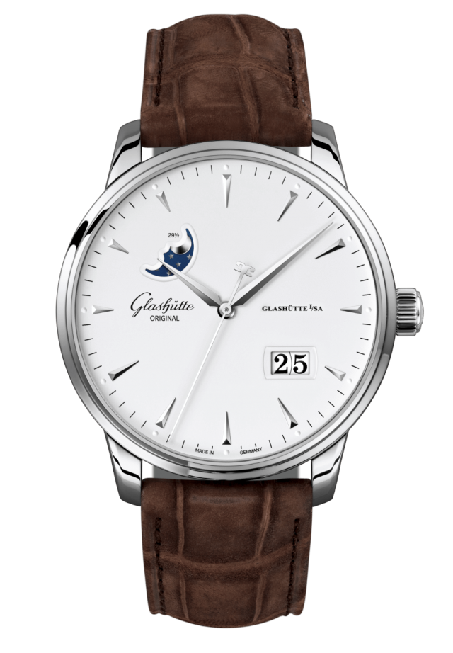 Glashuette Original Senator Excellence Panorama Date Moon Phase 42 mm White Dial Stainless Steel Louisiana Alligator Nubuk Leather Strap, Brown 1-36-04-05-02-31