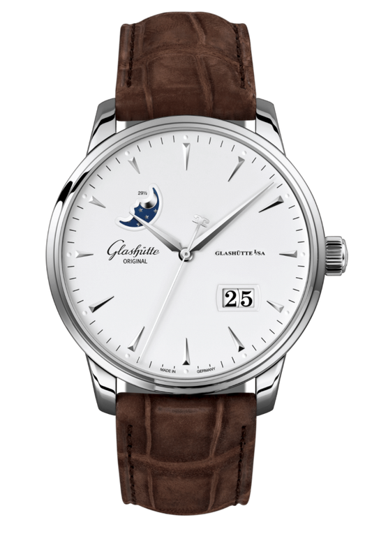 Glashuette Original Senator Excellence Panorama Date Moon Phase 42 mm White Dial Stainless Steel Louisiana Alligator Nubuk Leather Strap, Brown 1-36-04-05-02-31