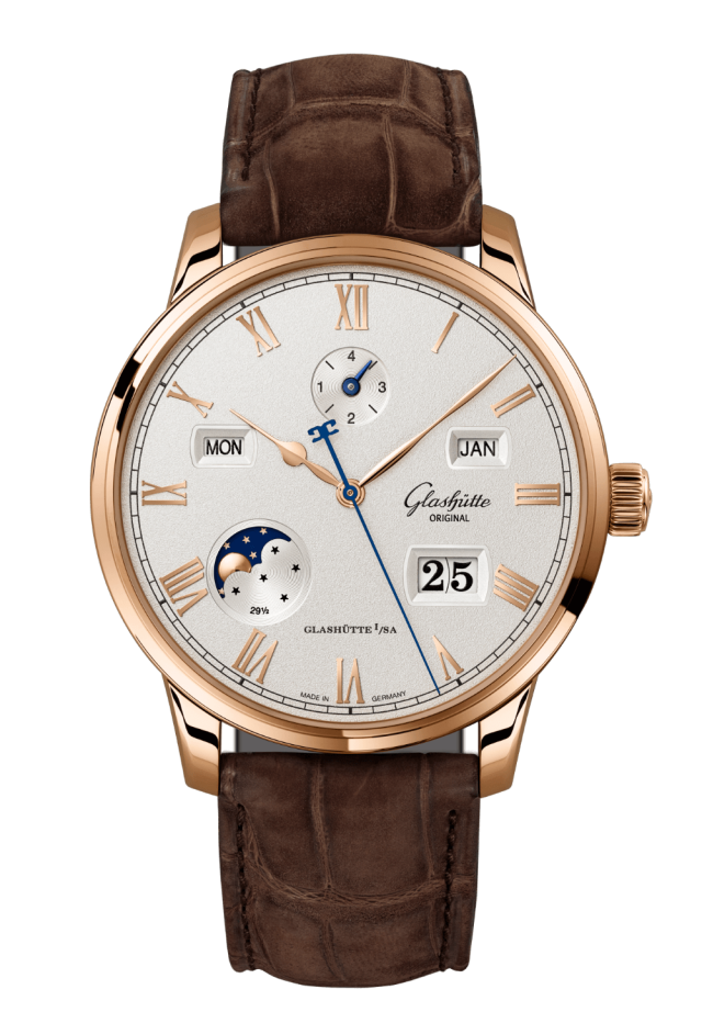 Glashuette Original Senator Excellence Perpetual Calendar 42 mm Silver Dial Red Gold Louisiana Alligator Nubuk Leather Strap, Brown 1-36-12-02-05-62