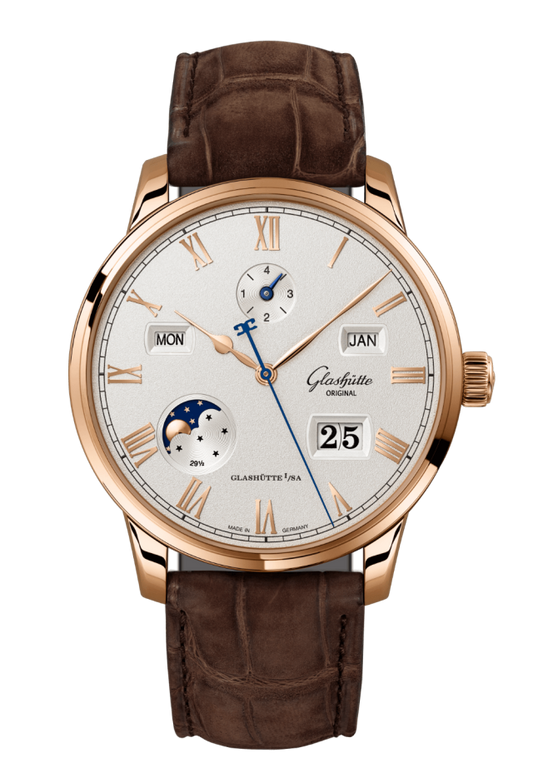 Glashuette Original Senator Excellence Perpetual Calendar 42 mm Silver Dial Red Gold Louisiana Alligator Nubuk Leather Strap, Brown 1-36-12-02-05-62