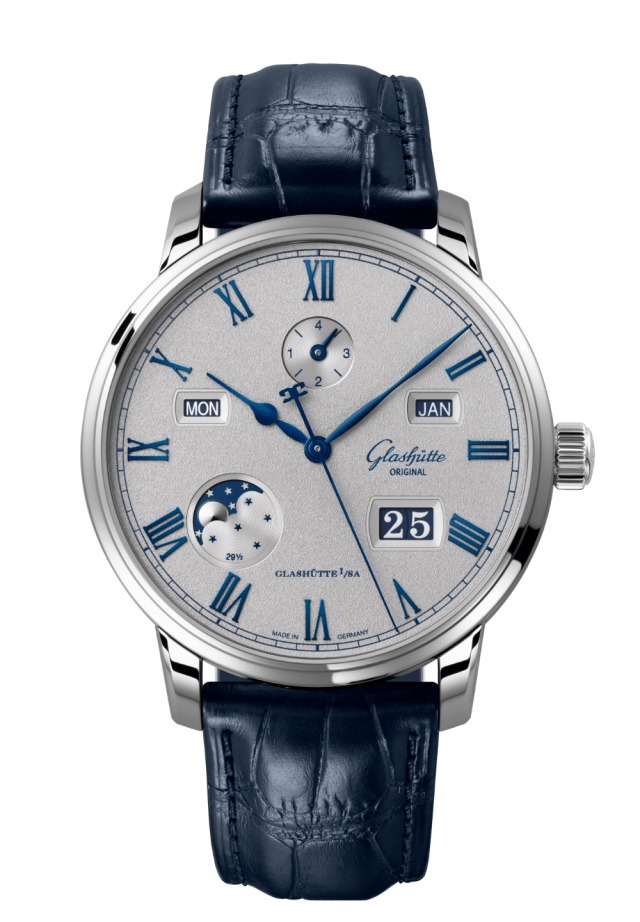 Glashuette Original Senator Excellence Perpetual Calendar 42 mm Grey Dial Stainless Steel Louisiana Alligator Leather Strap, Blue 1-36-12-03-02-61