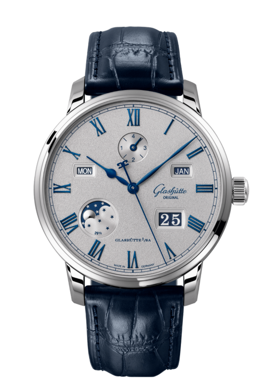 Glashuette Original Senator Excellence Perpetual Calendar 42 mm Grey Dial Stainless Steel Louisiana Alligator Leather Strap, Blue 1-36-12-03-02-61