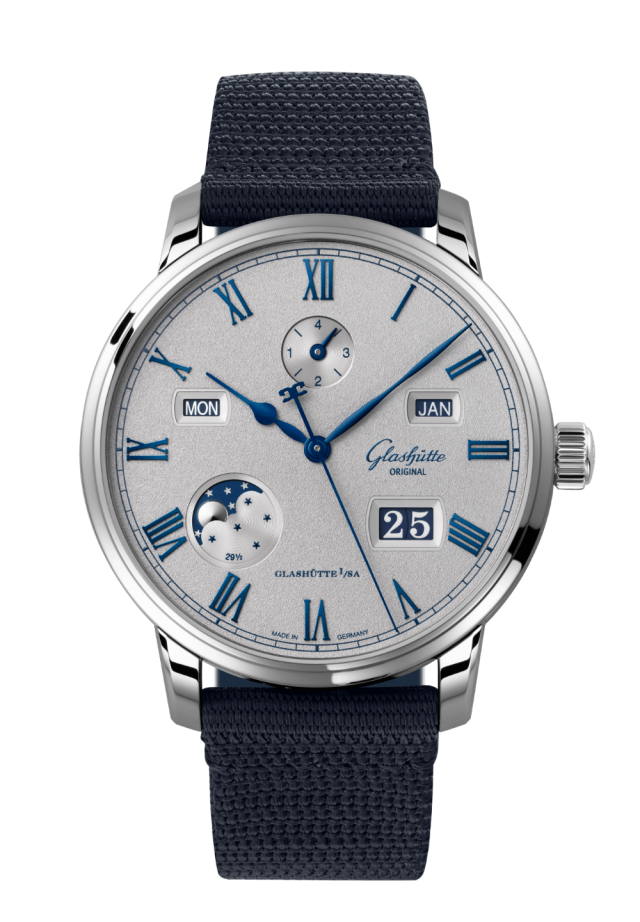 Glashuette Original Senator Excellence Perpetual Calendar 42 mm Grey Dial Stainless Steel Synthetic, Blue Strap 1-36-12-03-02-64