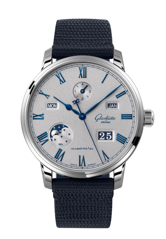 Glashuette Original Senator Excellence Perpetual Calendar 42 mm Grey Dial Stainless Steel Synthetic, Blue Strap 1-36-12-03-02-64