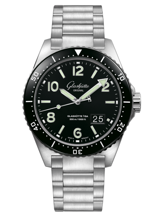 Glashuette Original SeaQ Panorama Date 43.20 mm Black Dial Stainless Steel Metal Bracelet 1-36-13-01-80-70