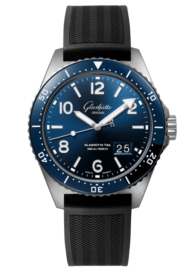 Glashuette Original SeaQ Panorama Date 43.20 mm Blue Dial Stainless Steel Rubber Strap, Black 1-36-13-02-81-33