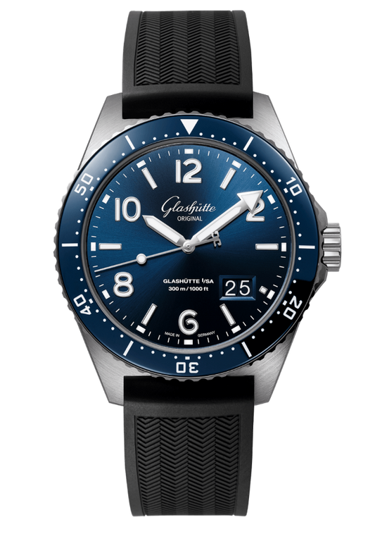 Glashuette Original SeaQ Panorama Date 43.20 mm Blue Dial Stainless Steel Rubber Strap, Black 1-36-13-02-81-33