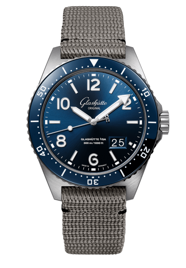 Glashuette Original SeaQ Panorama Date 43.20 mm Blue Dial Stainless Steel Synthetic Strap, Grey 1-36-13-02-81-34