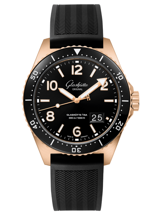 Glashuette Original SeaQ Panorama Date 43.20 mm Black Dial Red Gold Rubber Strap, Black 1-36-13-03-90-33