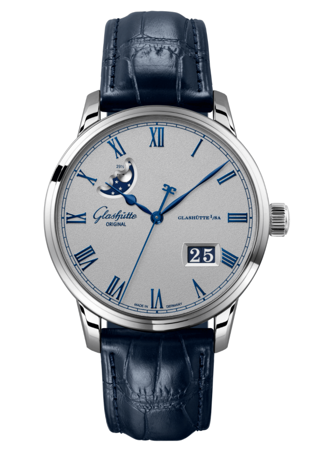 Glashuette Original Senator Excellence Panorama Date Moon Phase 40 mm Grey Dial Stainless Steel Louisiana Alligator Leather Strap, Blue 1-36-24-02-02-61