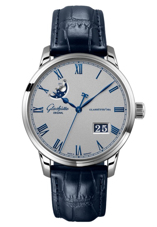 Glashuette Original Senator Excellence Panorama Date Moon Phase 40 mm Grey Dial Stainless Steel Louisiana Alligator Leather Strap, Blue 1-36-24-02-02-61