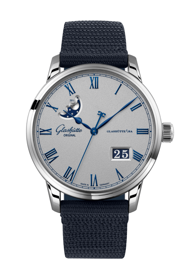 Glashuette Original Senator Excellence Panorama Date Moon Phase 40 mm Grey Dial Stainless Steel Synthetic Strap, Blue 1-36-24-02-02-64