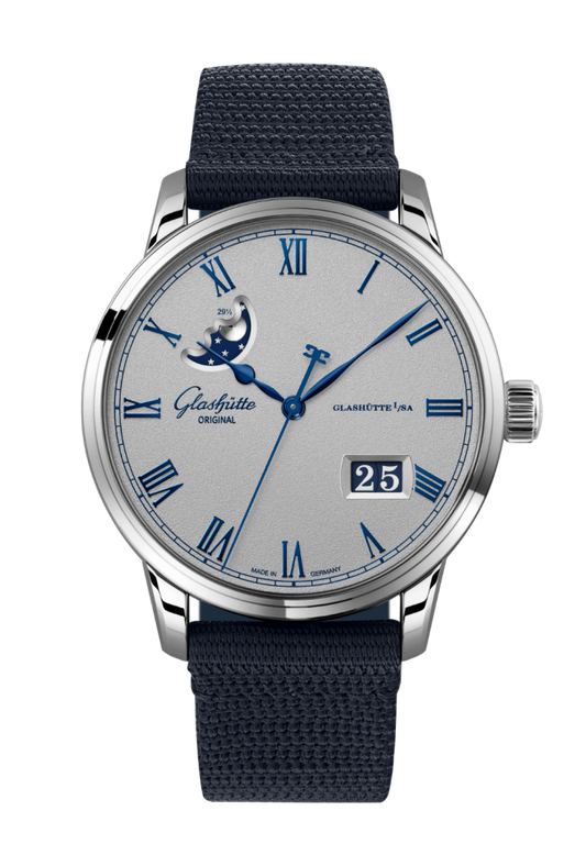 Glashuette Original Senator Excellence Panorama Date Moon Phase 40 mm Grey Dial Stainless Steel Synthetic Strap, Blue 1-36-24-02-02-64