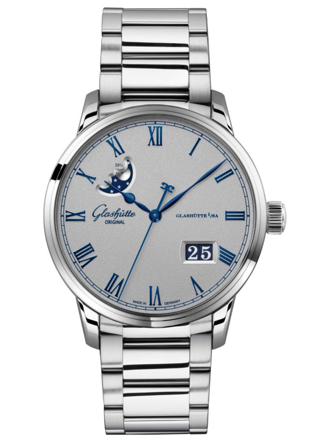 Glashuette Original Senator Excellence Panorama Date Moon Phase 40 mm Grey Dial Stainless Steel Metal Bracelet 1-36-24-02-02-71