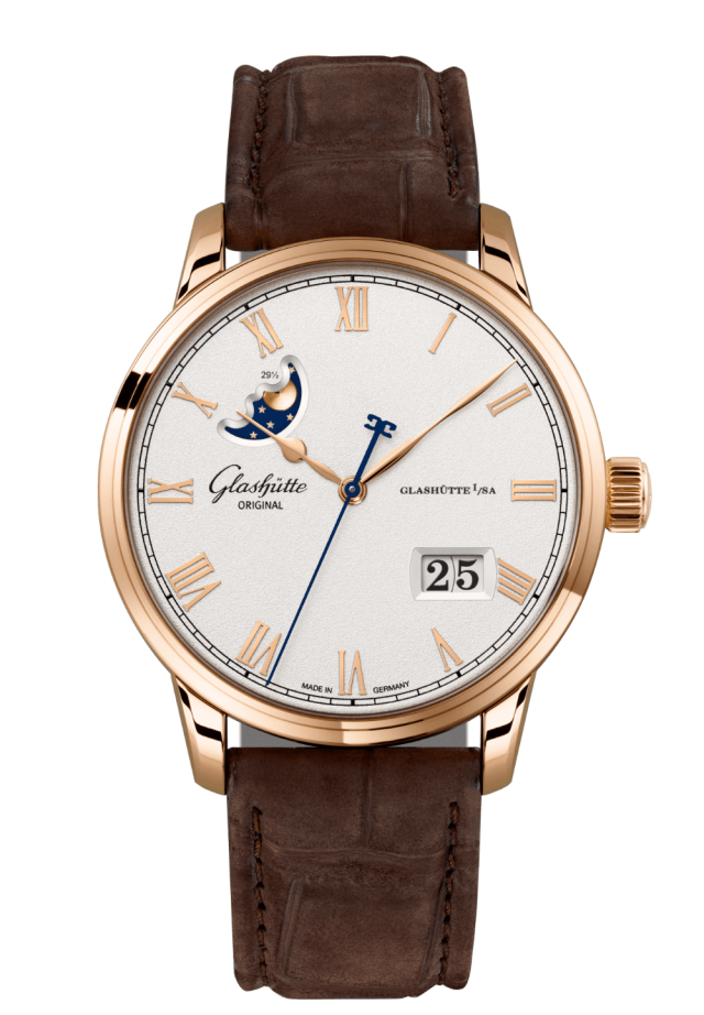 Glashuette Original Senator Excellence Panorama Date Moon Phase 40 mm Silver Dial Red Gold Louisiana Alligator Nubuk Leather Strap, Brown 1-36-24-02-05-62