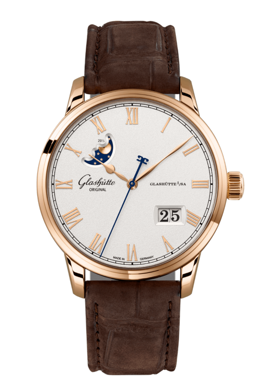 Glashuette Original Senator Excellence Panorama Date Moon Phase 40 mm Silver Dial Red Gold Louisiana Alligator Nubuk Leather Strap, Brown 1-36-24-02-05-62