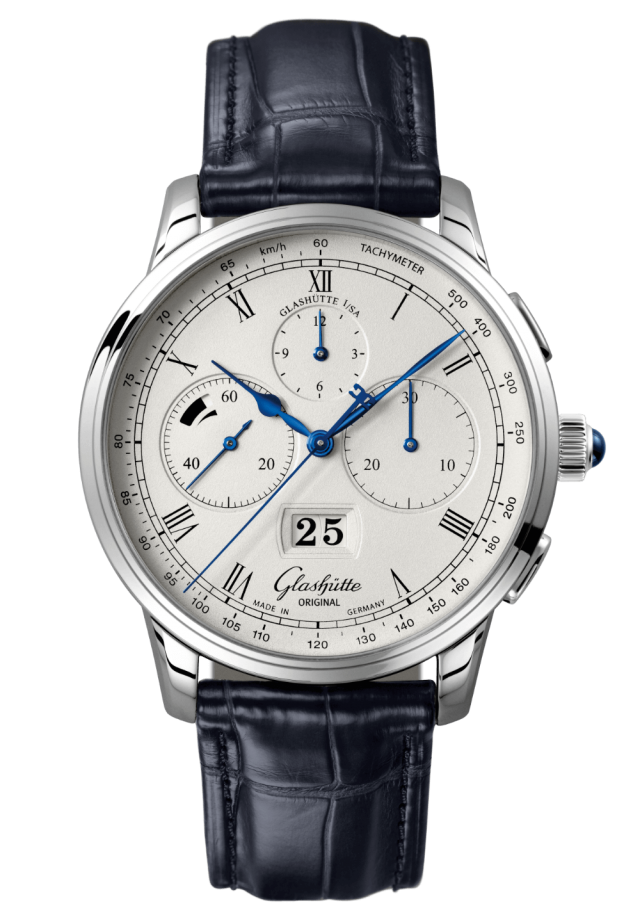 Glashuette Original Senator Chronograph Panorama Date 42 mm Silver Dial Platinum Louisiana Alligator Leather Strap, Blue 1-37-01-02-03-30