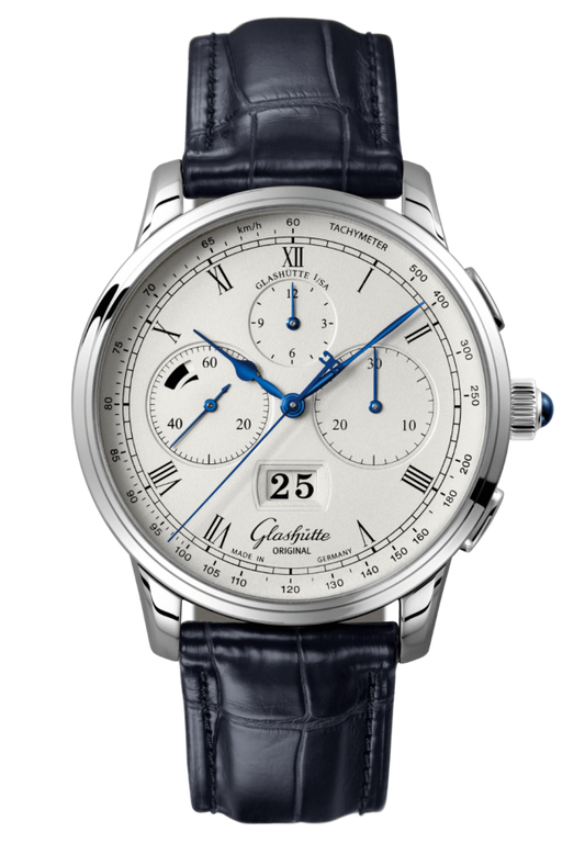 Glashuette Original Senator Chronograph Panorama Date 42 mm Silver Dial Platinum Louisiana Alligator Leather Strap, Blue 1-37-01-02-03-30