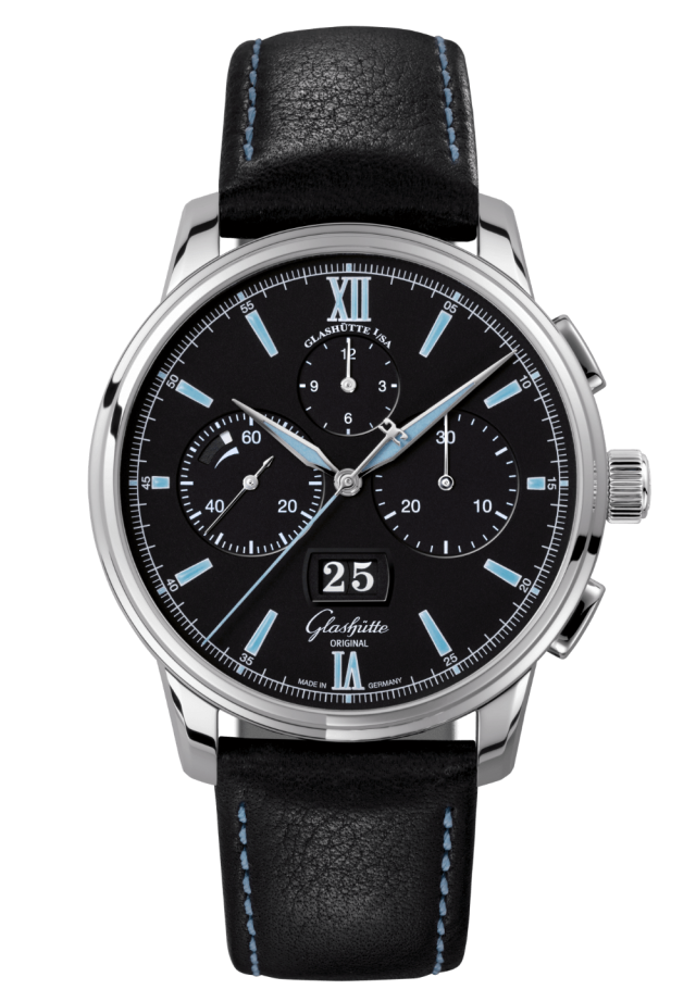 Glashuette Original Senator Chronograph Panorama Date 42 mm Black Dial Stainless Steel Calfskin Strap, Black 1-37-01-03-02-35