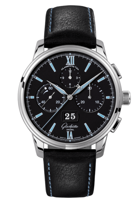 Glashuette Original Senator Chronograph Panorama Date 42 mm Black Dial Stainless Steel Calfskin Strap, Black 1-37-01-03-02-35