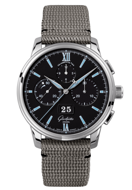 Glashuette Original Senator Chronograph Panorama Date 42 mm Black Dial Stainless Steel Synthetic, Grey Strap 1-37-01-03-02-36