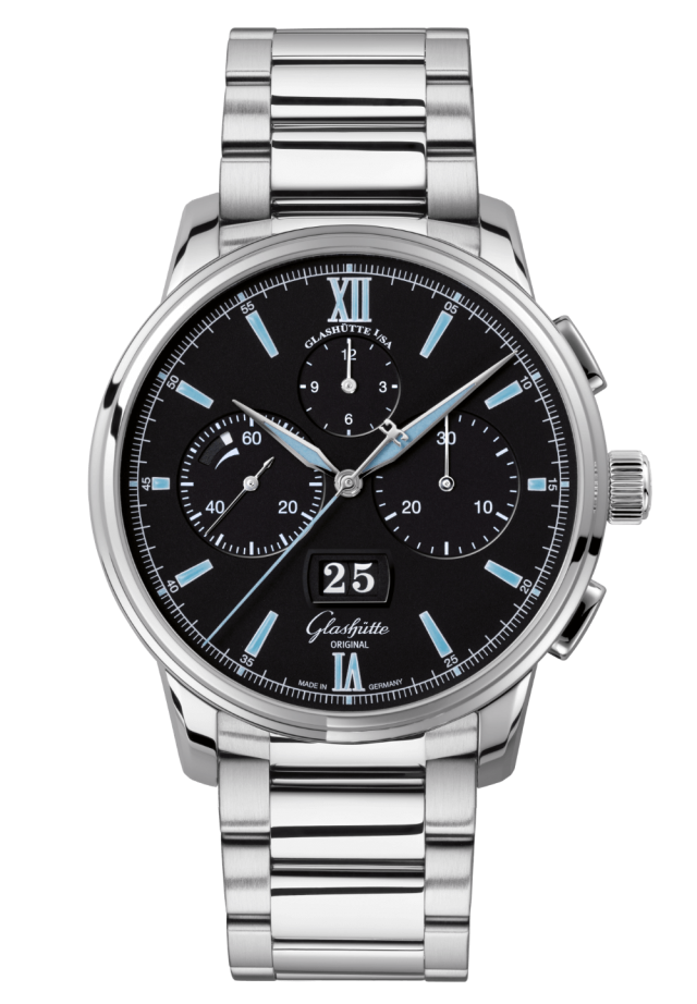 Glashuette Original Senator Chronograph Panorama Date 42 mm Black Dial Stainless Steel Metal Bracelet 1-37-01-03-02-71